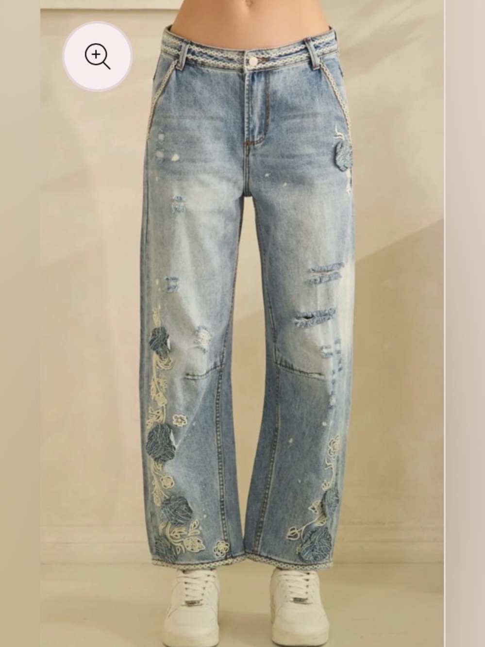 Oli & Hali Light Wash Distressed Barrel Jeans with Floral Embroidery